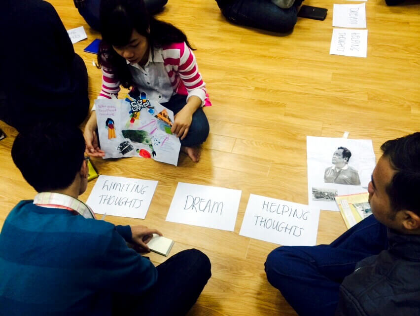 Leadership workshop exploring paradoxes with 'Hurting thoughts' and 'Helping thoughts' exercise led by Imre Végh